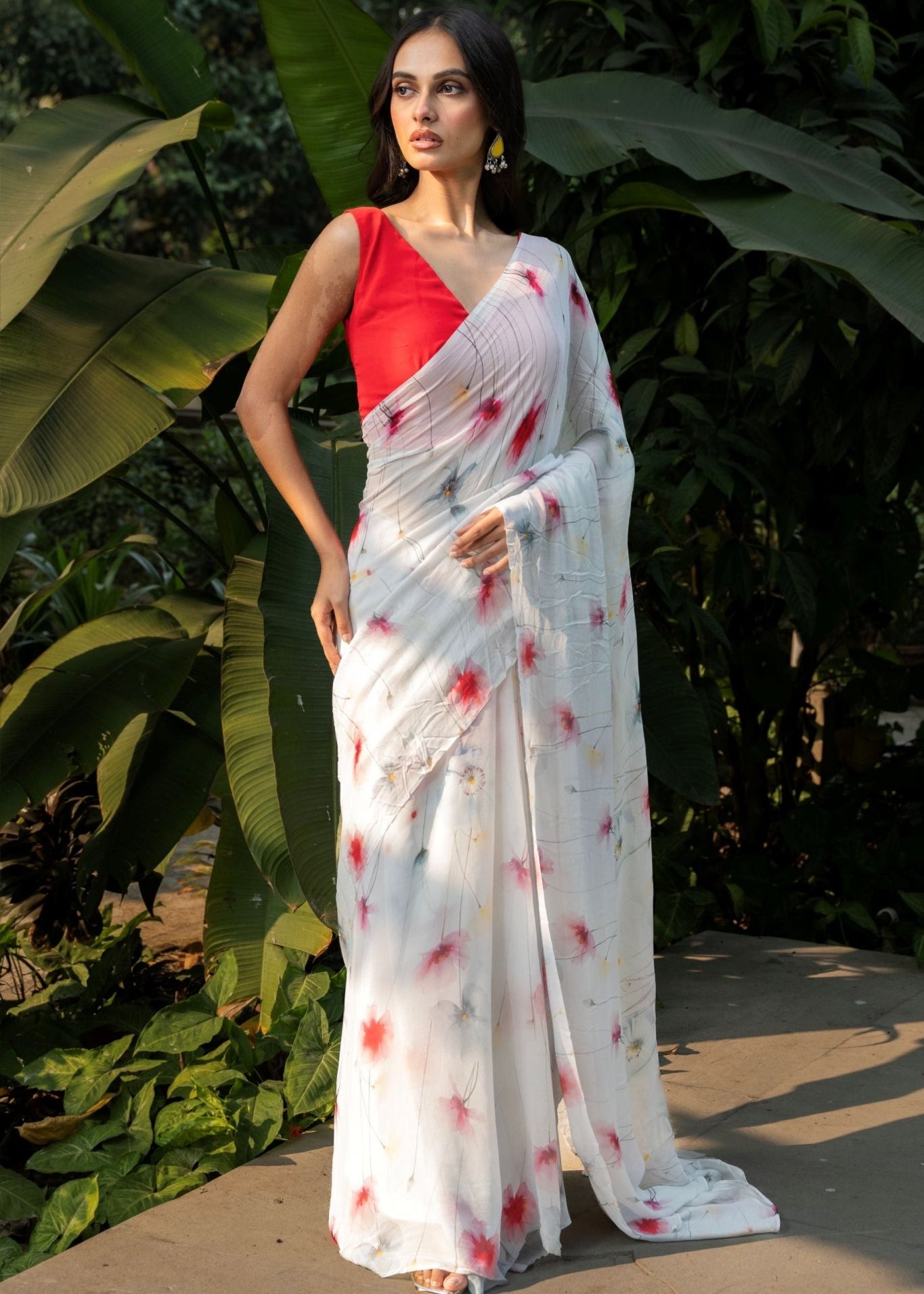 Pastel Blue Georgette Saree with Floral Prints - Anvi Couture