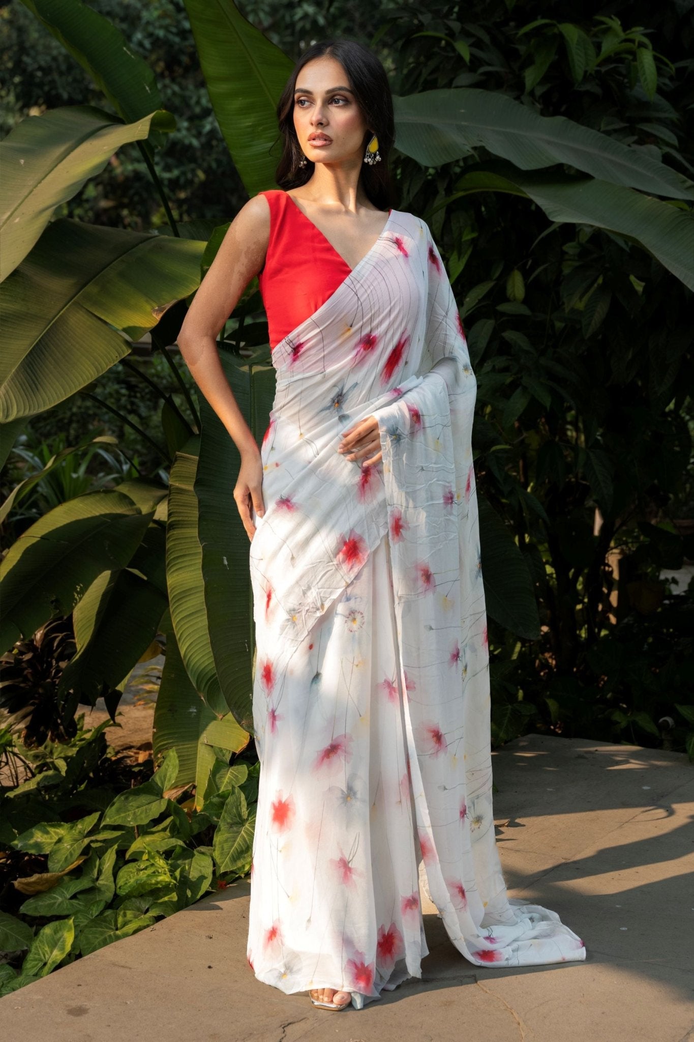 Pastel Blue Georgette Saree with Floral Prints - Anvi Couture