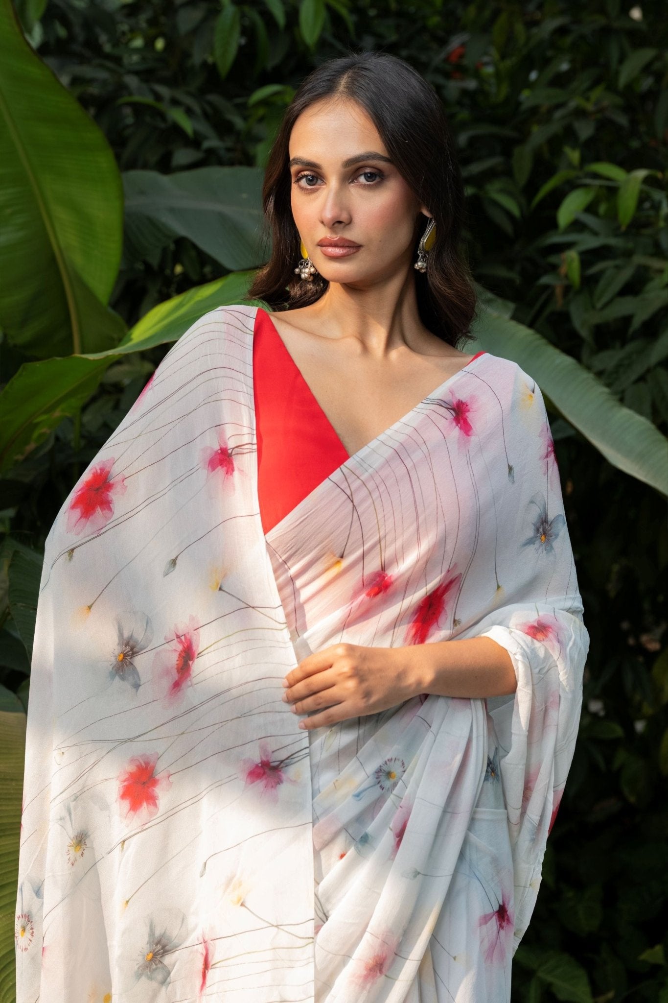 Pastel Blue Georgette Saree with Floral Prints - Anvi Couture