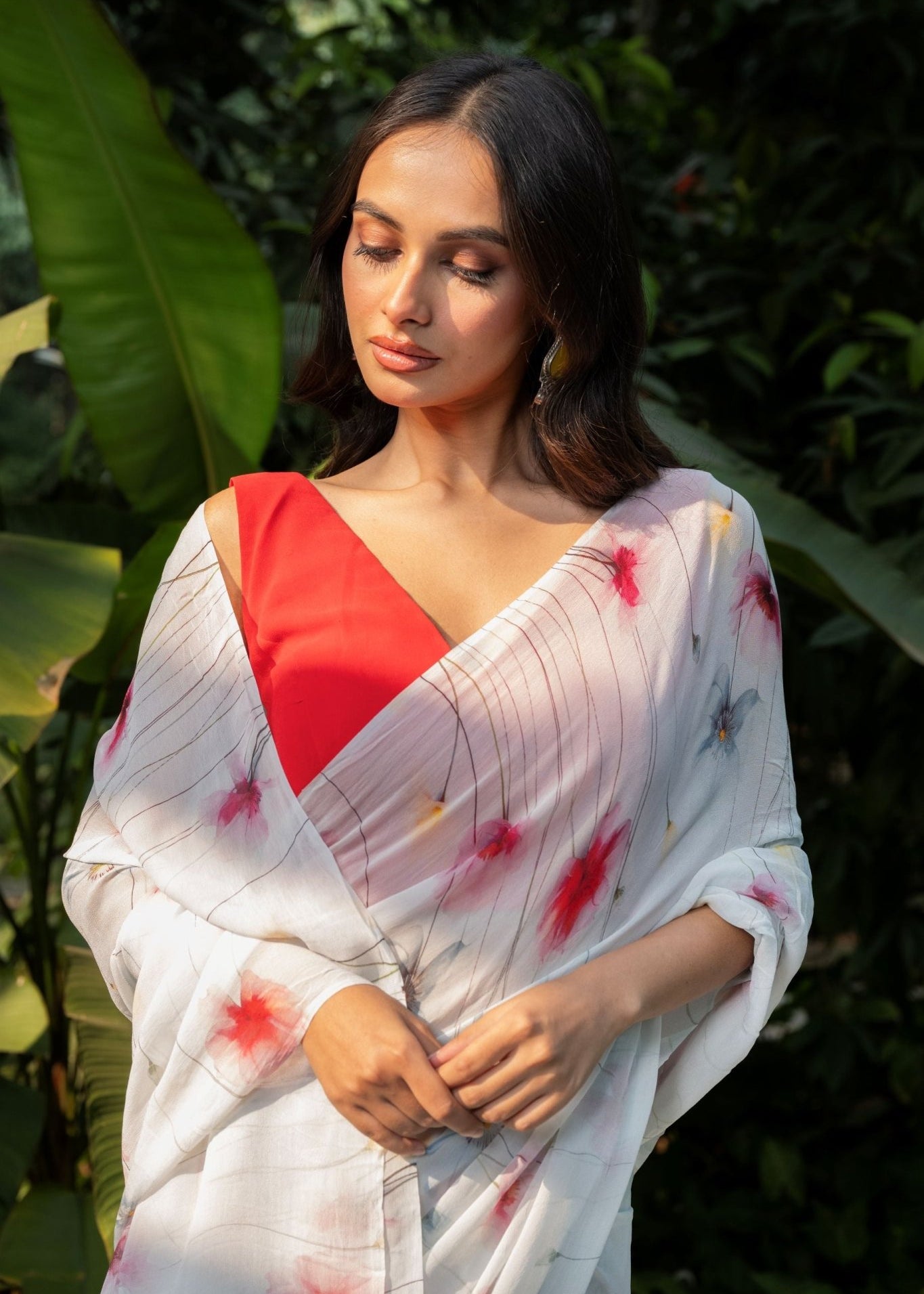 Pastel Blue Georgette Saree with Floral Prints - Anvi Couture