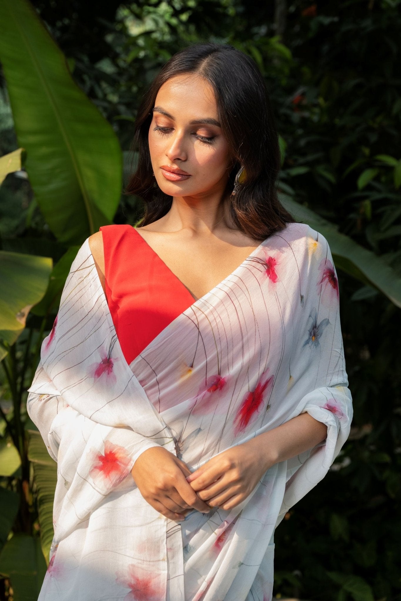 Pastel Blue Georgette Saree with Floral Prints - Anvi Couture