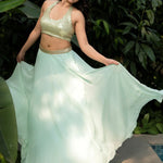 Pastel Green Crop top Lehenga With Gold Sequine Emblishment - Anvi Couture