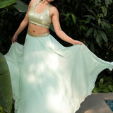 Pastel Green Crop top Lehenga With Gold Sequine Emblishment - Anvi Couture