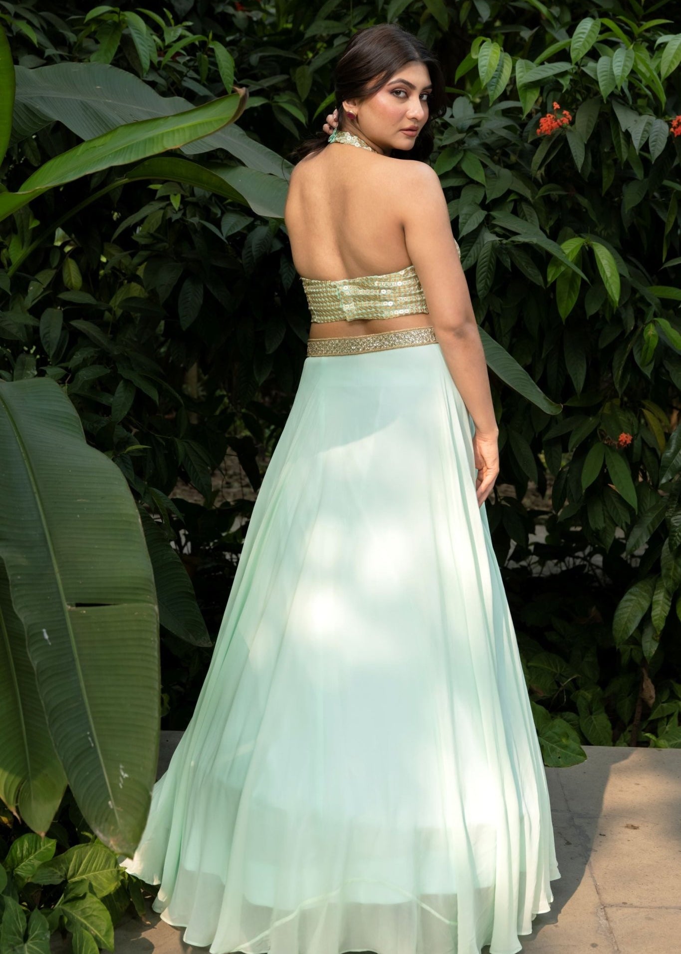 Pastel Green Crop top Lehenga With Gold Sequine Emblishment - Anvi Couture