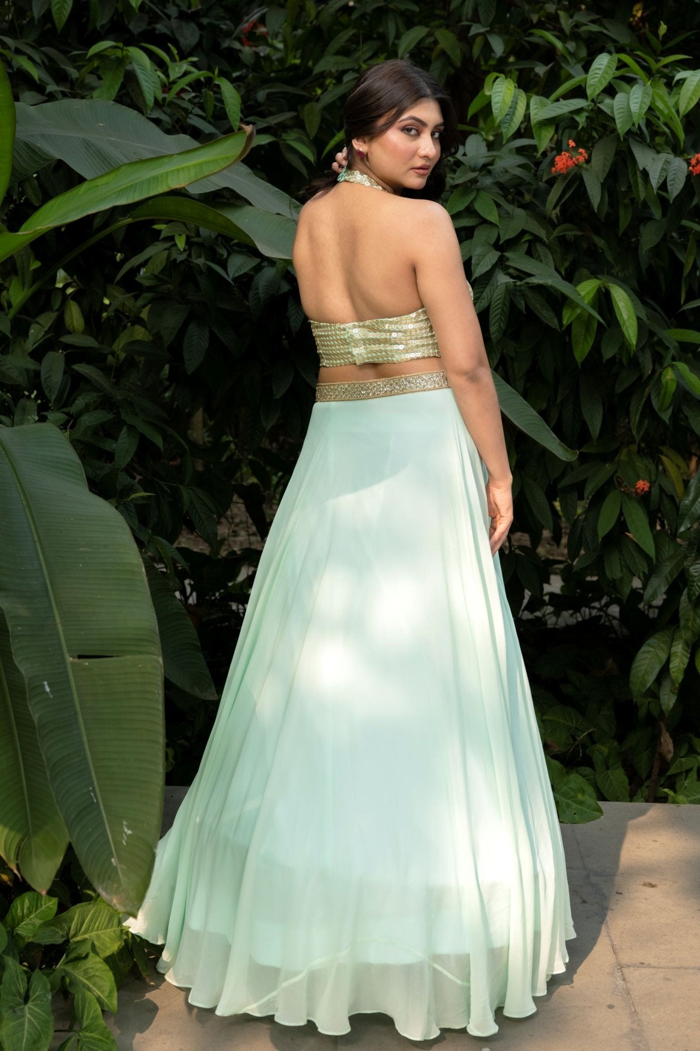 Pastel Green Crop top Lehenga With Gold Sequine Emblishment - Anvi Couture