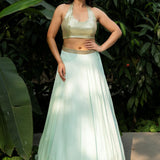 Pastel Green Crop top Lehenga With Gold Sequine Emblishment - Anvi Couture