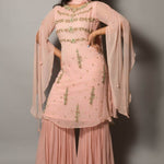 Peach Designer Embroidered Sharara Set - Anvi Couture