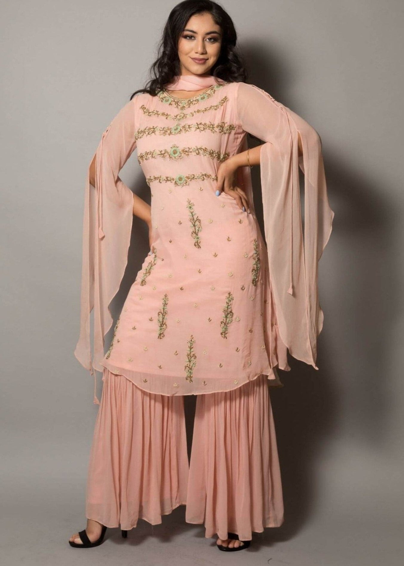 Peach Designer Embroidered Sharara Set - Anvi Couture