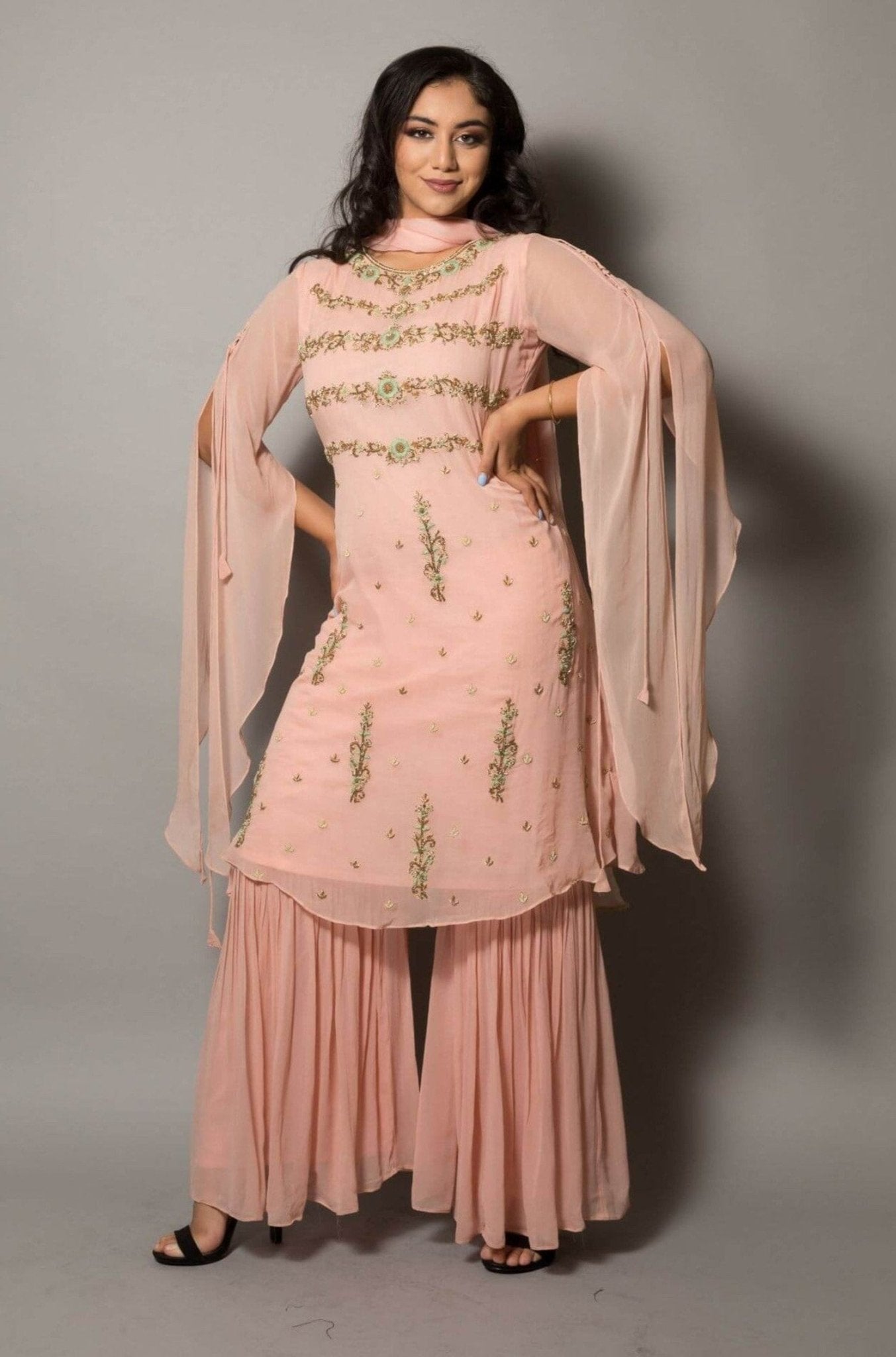 Peach Designer Embroidered Sharara Set - Anvi Couture