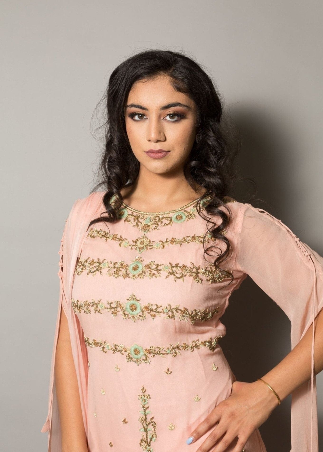 Peach Designer Embroidered Sharara Set - Anvi Couture