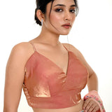 Peach Blouse In Organza with Spaghetti Strap and V Neckline -Anvi Couture