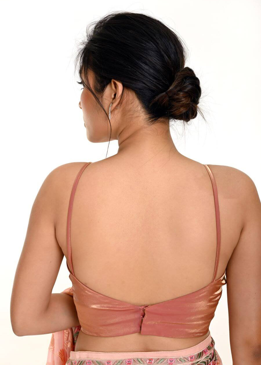Peach Blouse In Organza with Spaghetti Strap and V Neckline -Anvi Couture