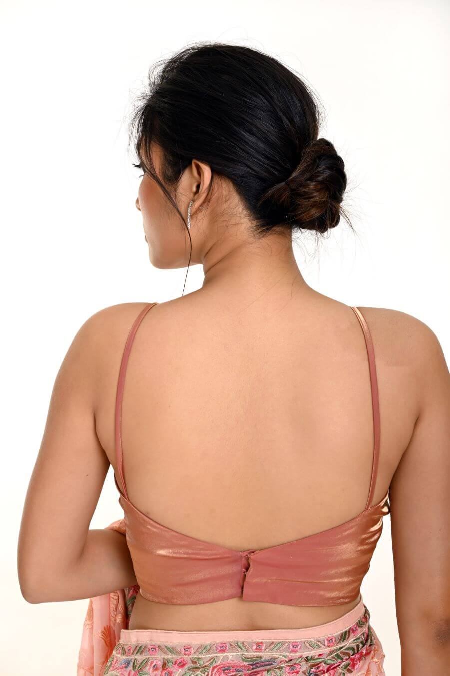 Peach Blouse In Organza with Spaghetti Strap and V Neckline -Anvi Couture