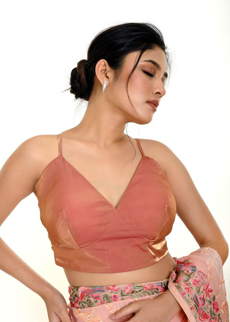 Peach Blouse In Organza with Spaghetti Strap and V Neckline -Anvi Couture