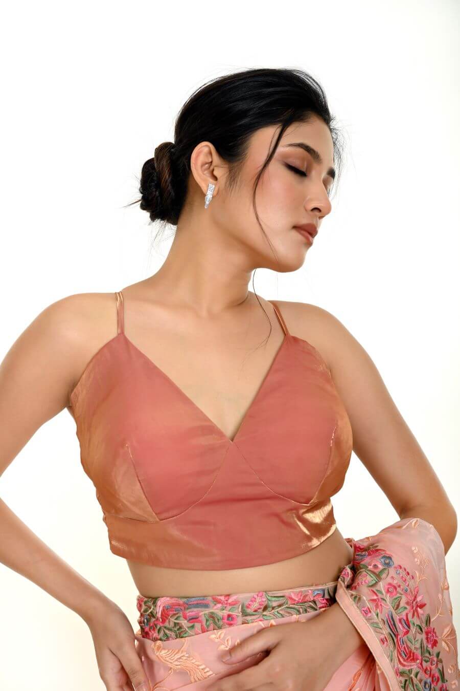 Peach Blouse In Organza with Spaghetti Strap and V Neckline -Anvi Couture
