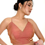 Peach Blouse In Organza with Spaghetti Strap and V Neckline -Anvi Couture