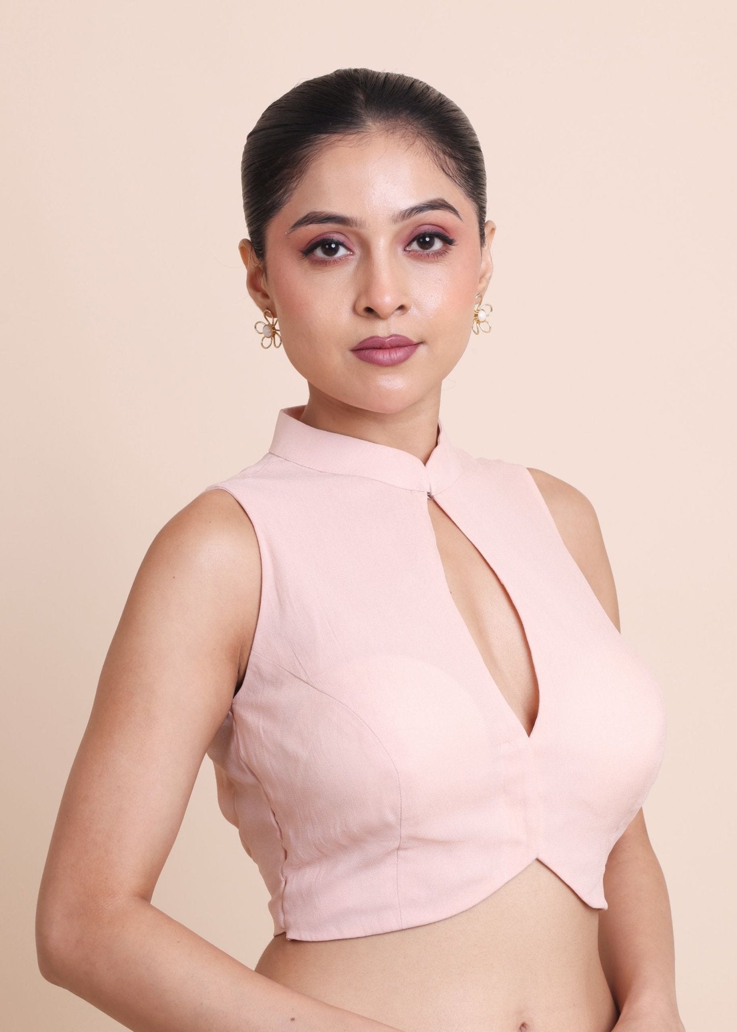 Peach Close Scoop Neck Sleeveless Blouse - Anvi Couture