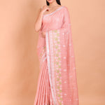 Peach Color Floral Embroidered Cotton Saree Front View