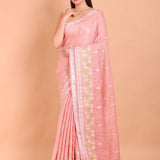 Peach Color Floral Embroidered Cotton Saree Front View
