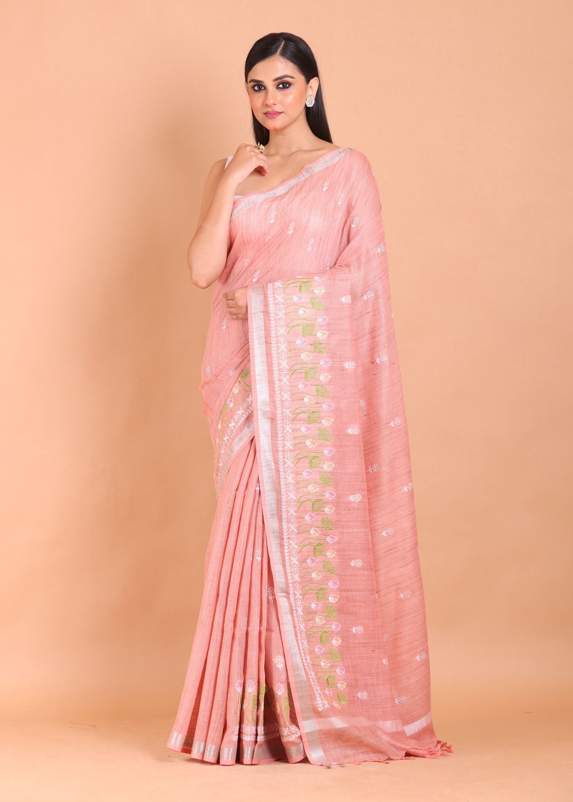 Peach Color Floral Embroidered Cotton Saree Front View