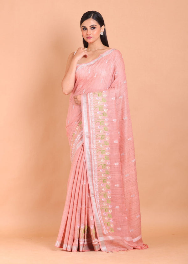 Peach Color Floral Embroidered Cotton Saree - Anvi Couture