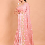 Peach Color Floral Embroidered Cotton Saree Side View