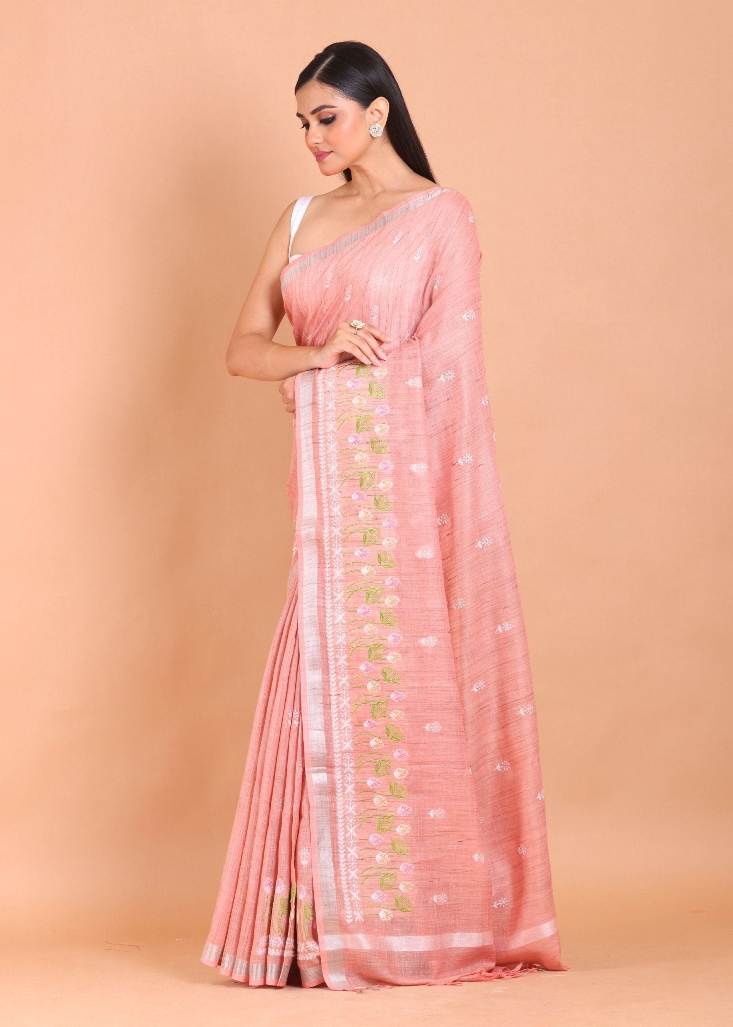 Peach Color Floral Embroidered Cotton Saree - Anvi Couture