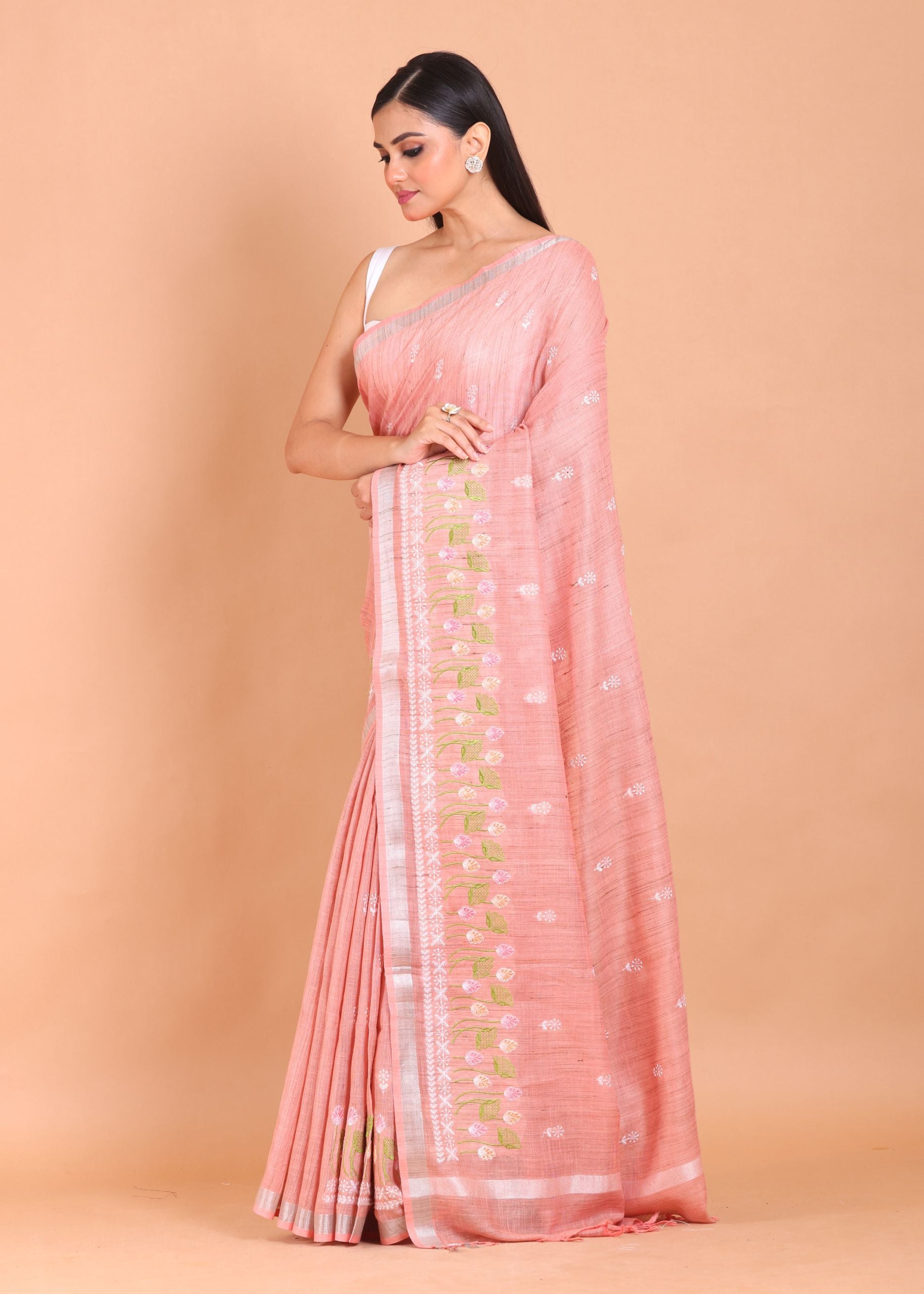 Peach Color Floral Embroidered Cotton Saree Side View
