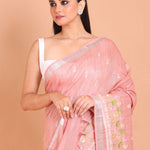 Peach Color Floral Embroidered Cotton Saree Close Up