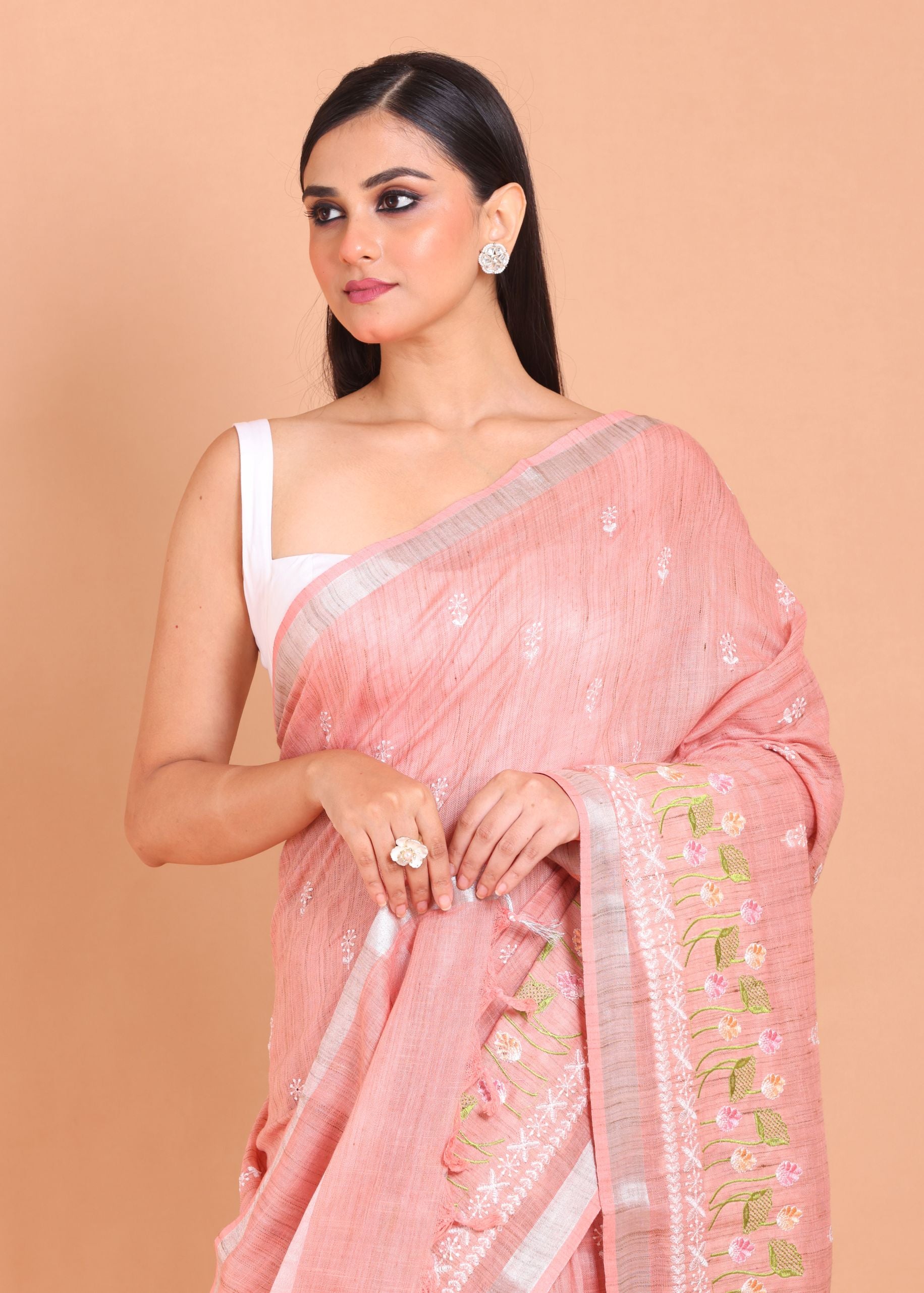 Peach Color Floral Embroidered Cotton Saree Close Up