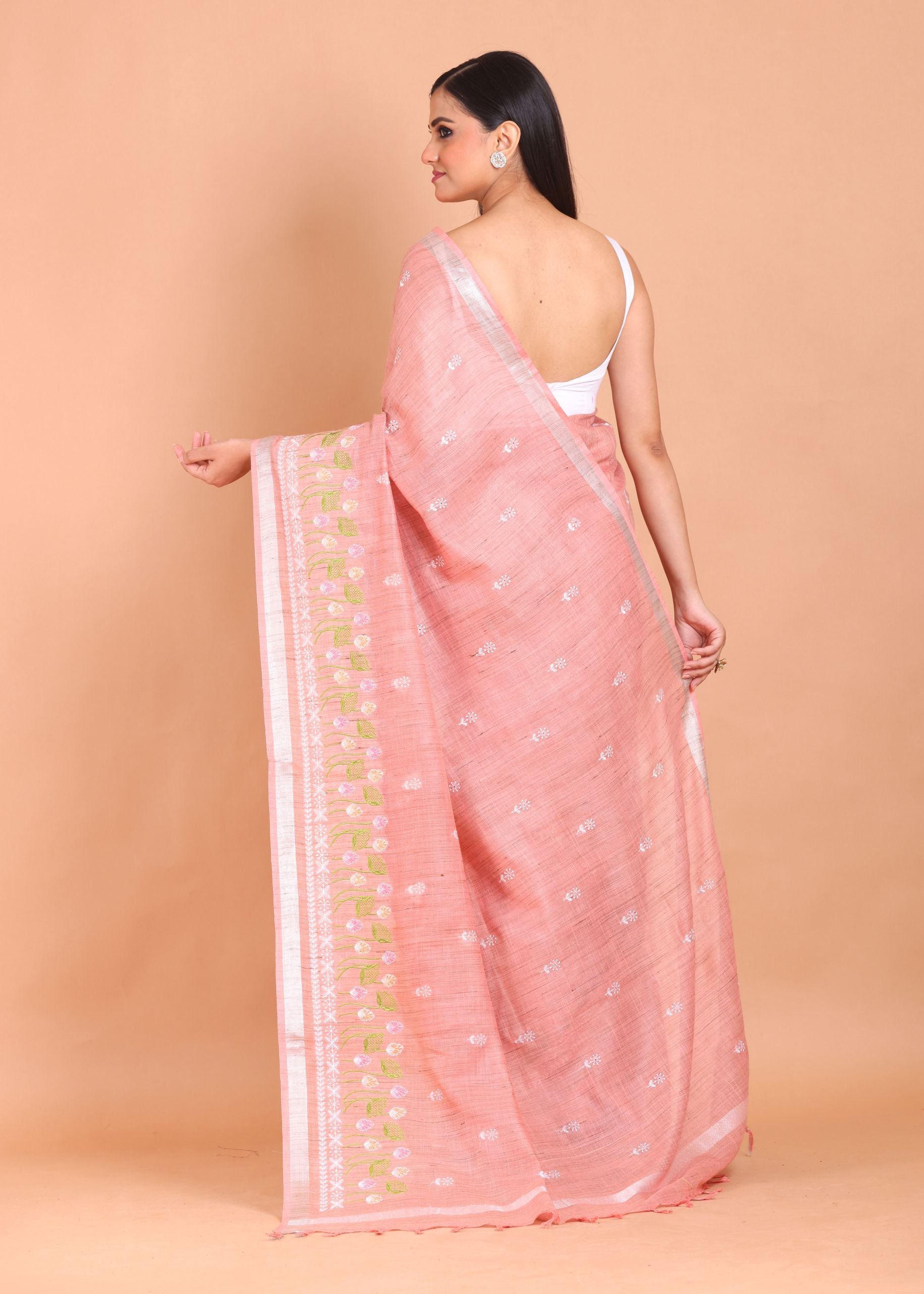 Peach Color Floral Embroidered Cotton Saree Back View