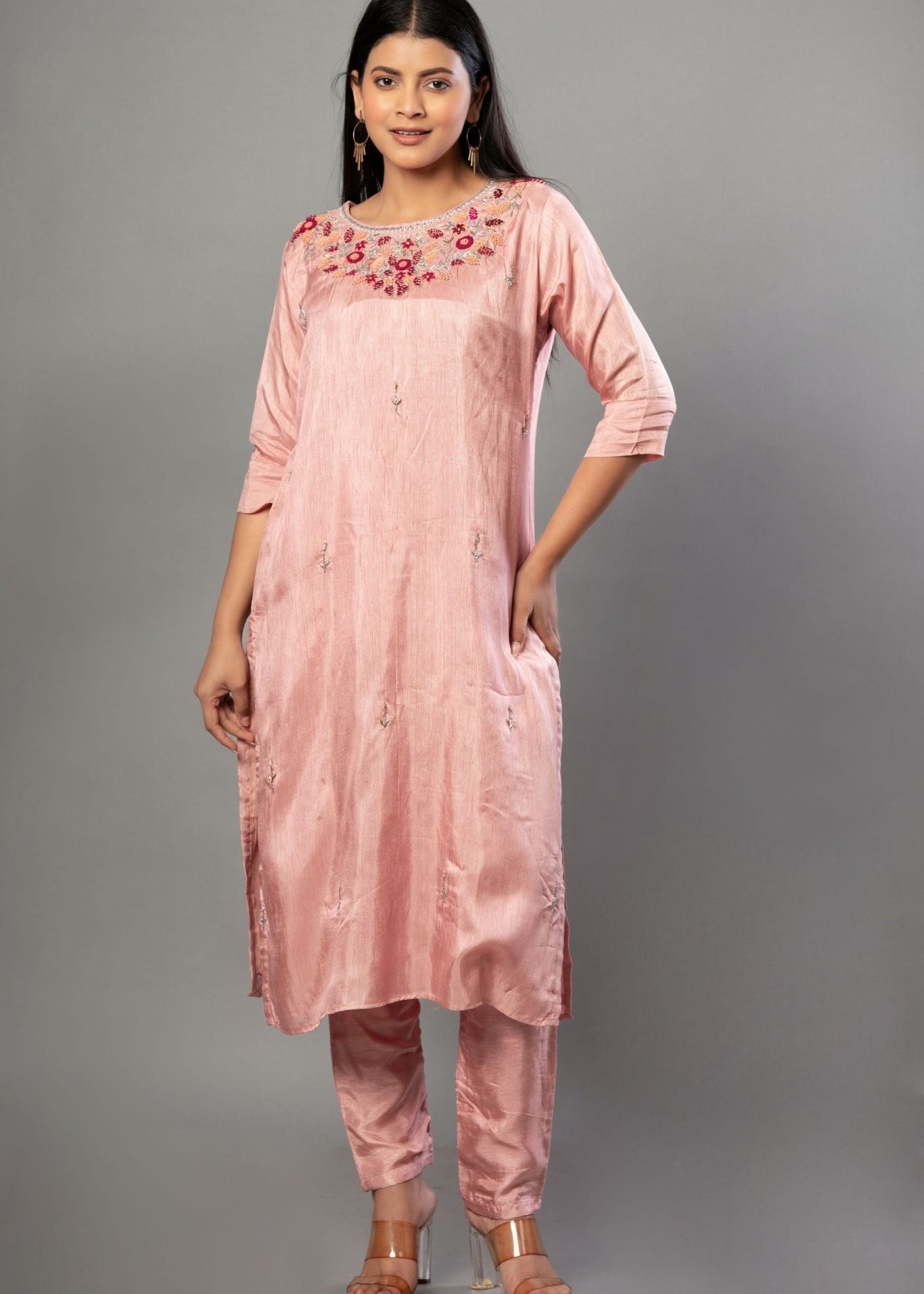 Peach Color Kurti Set with Embroidered Work - Anvi Couture