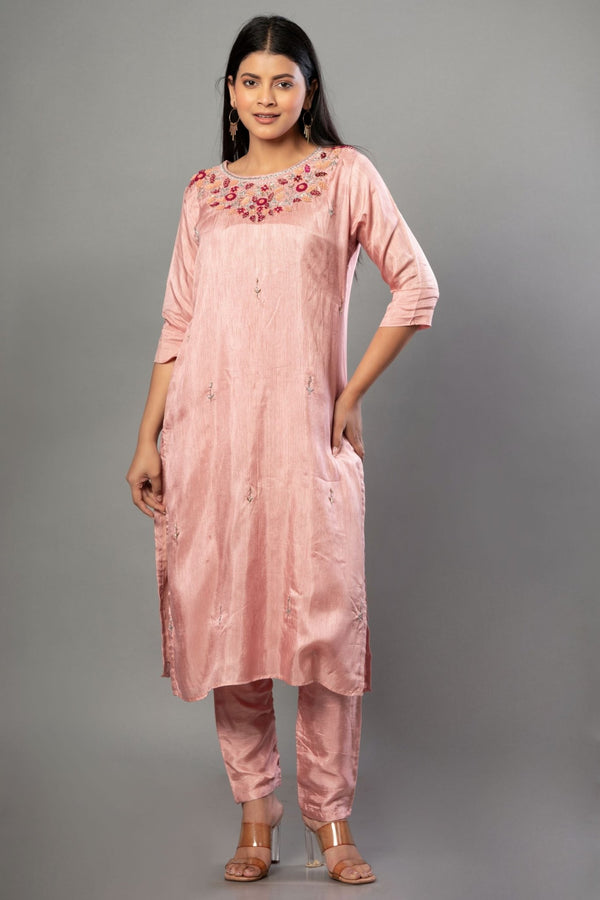 Peach Color Kurti Set with Embroidered Work - Anvi Couture