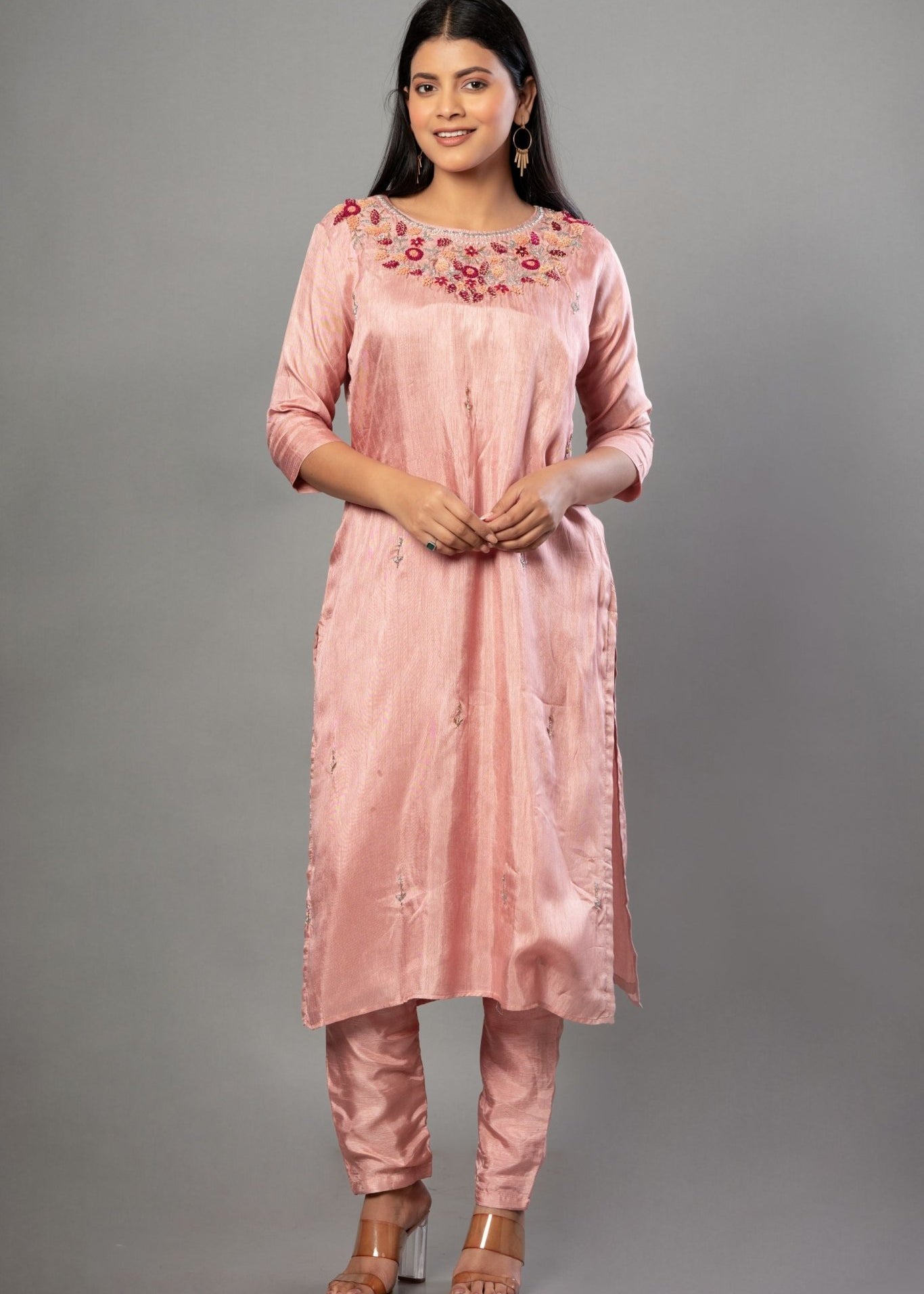 Peach Color Kurti Set with Embroidered Work - Anvi Couture