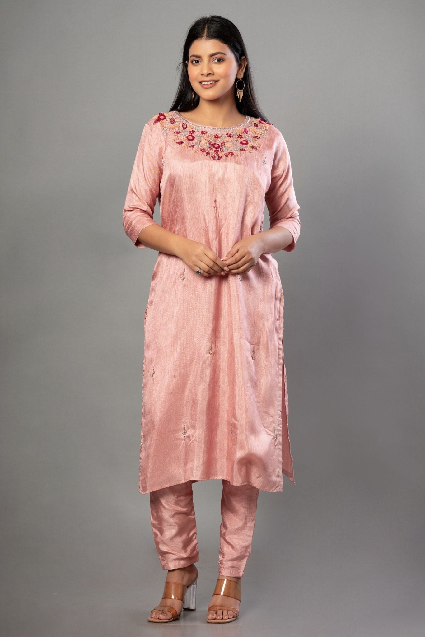Peach Color Kurti Set with Embroidered Work - Anvi Couture