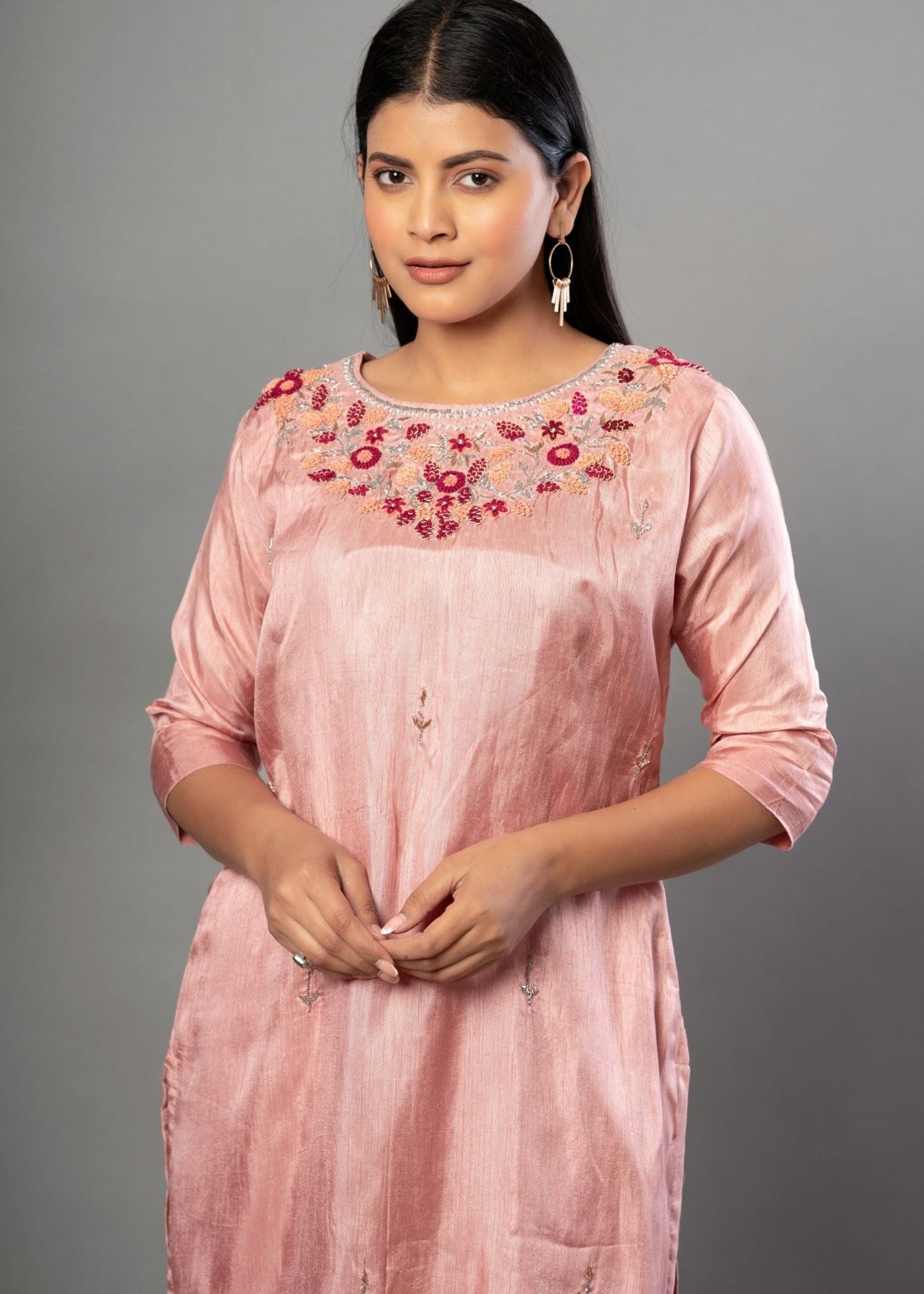 Peach Color Kurti Set with Embroidered Work - Anvi Couture