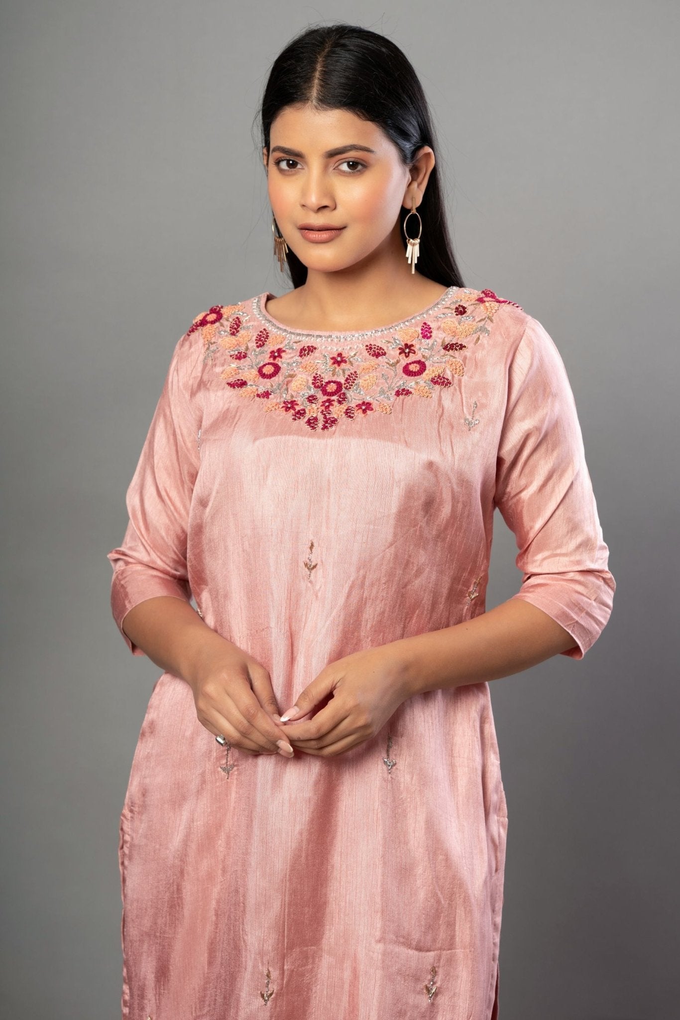 Peach Color Kurti Set with Embroidered Work - Anvi Couture