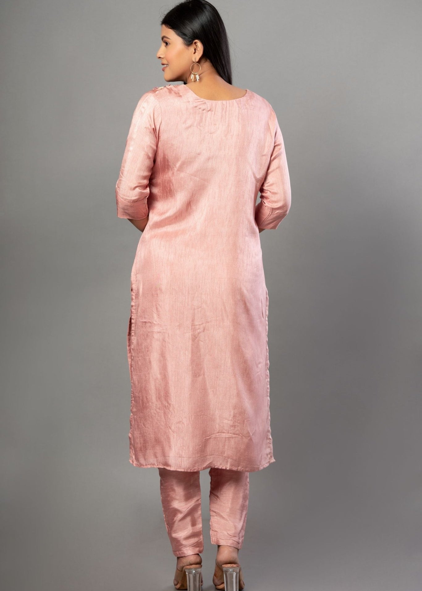 Peach Color Kurti Set with Embroidered Work - Anvi Couture