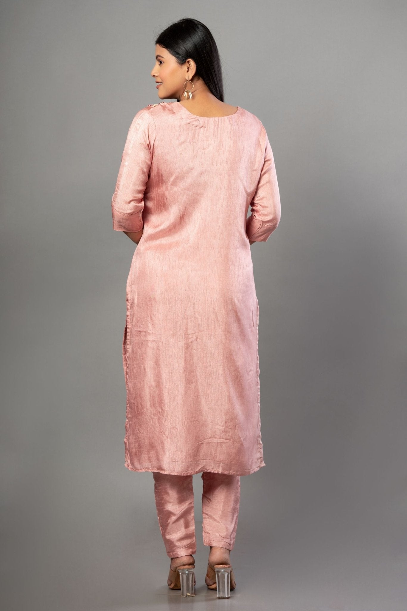 Peach Color Kurti Set with Embroidered Work - Anvi Couture