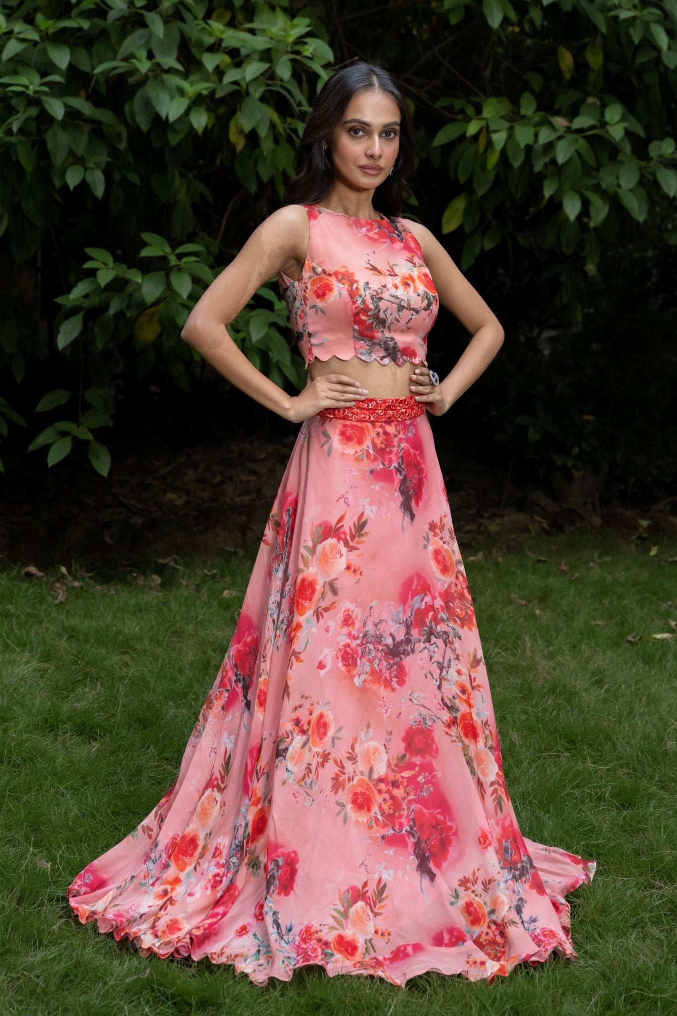 Peach Colour lehenga Set With Floral Prints - Anvi Couture