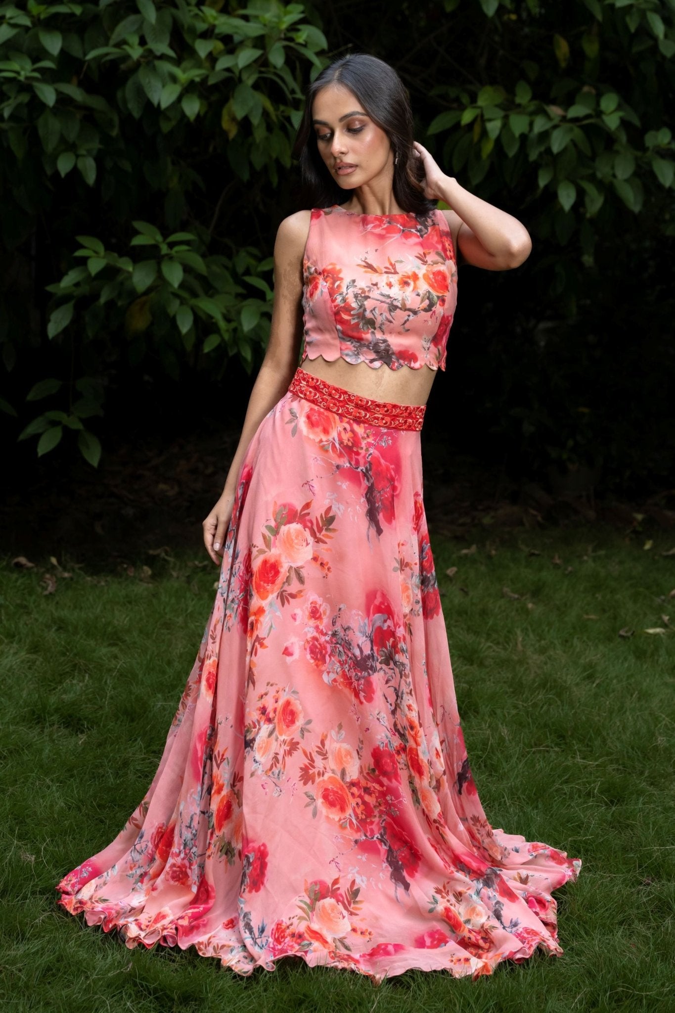 Peach Colour lehenga Set With Floral Prints - Anvi Couture