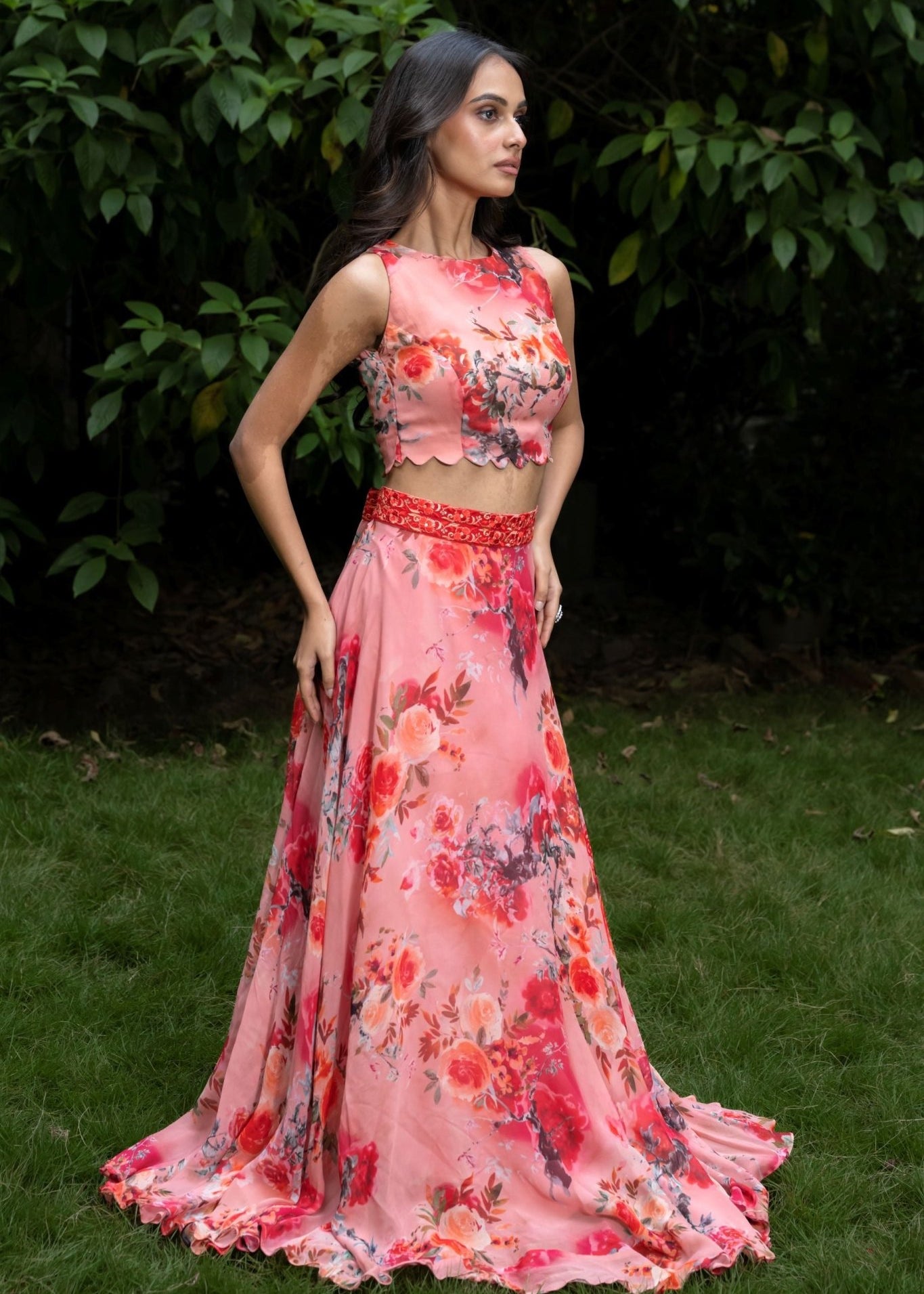 Peach Colour lehenga Set With Floral Prints - Anvi Couture