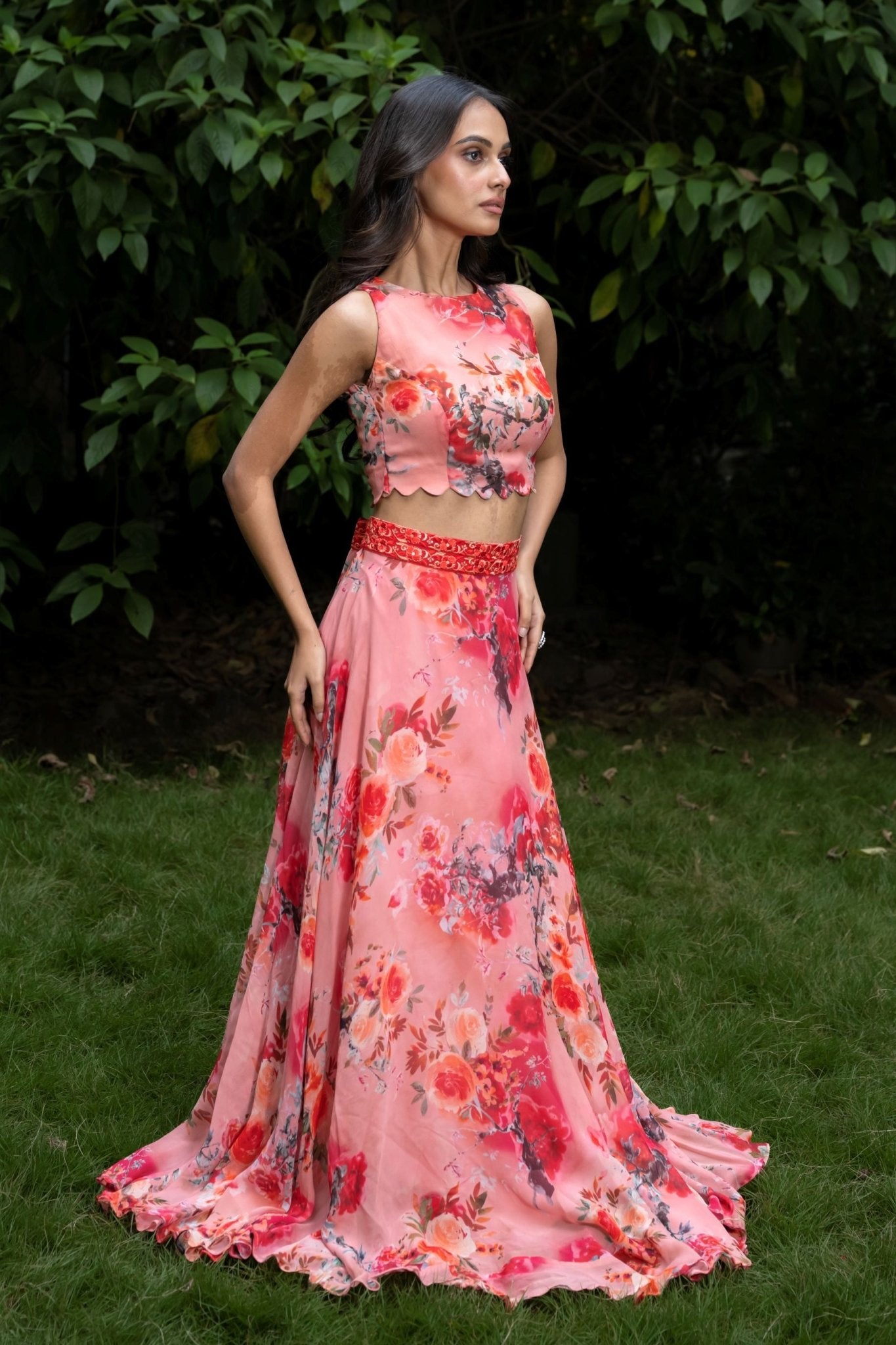 Peach Colour lehenga Set With Floral Prints - Anvi Couture