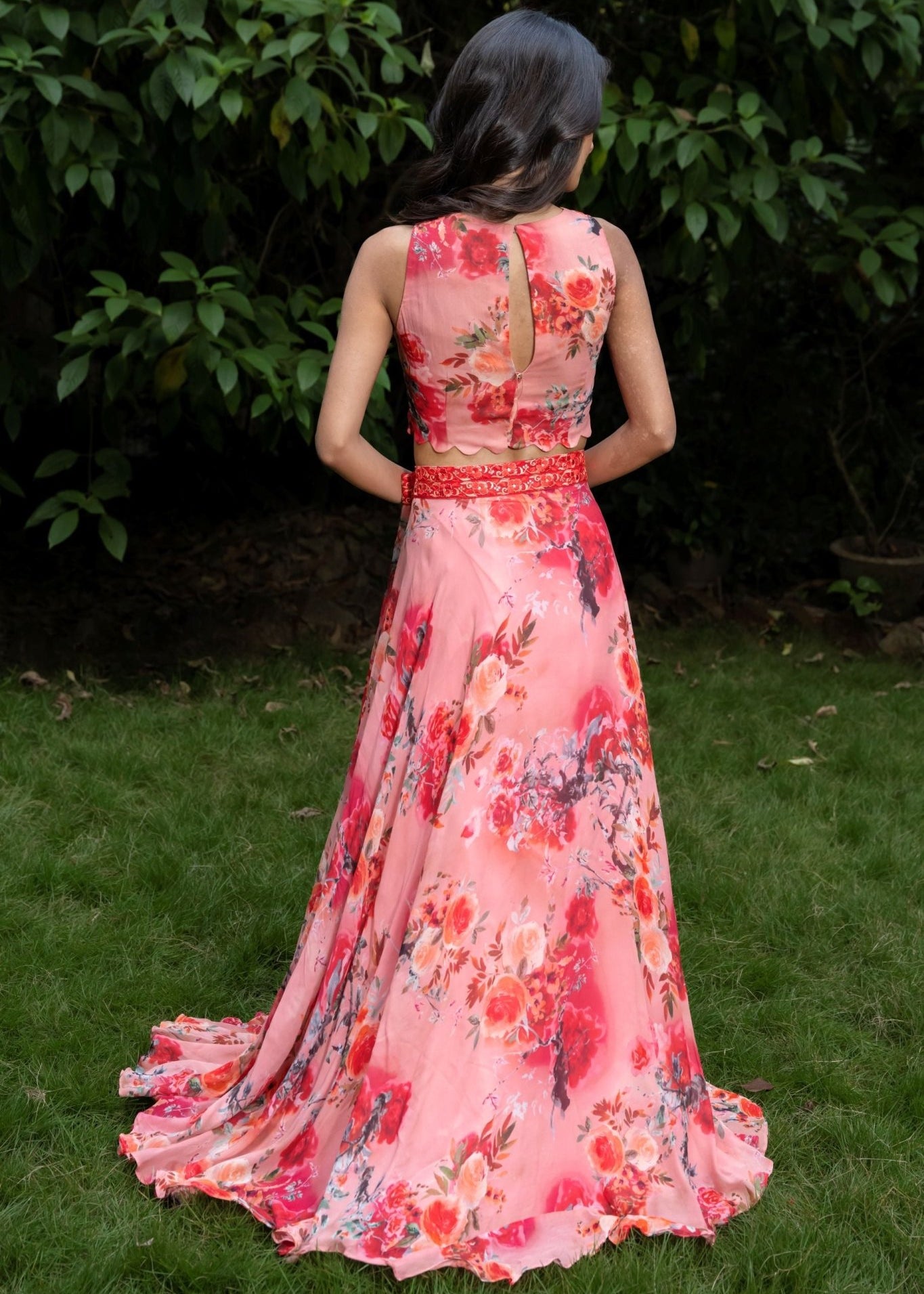 Peach Colour lehenga Set With Floral Prints - Anvi Couture