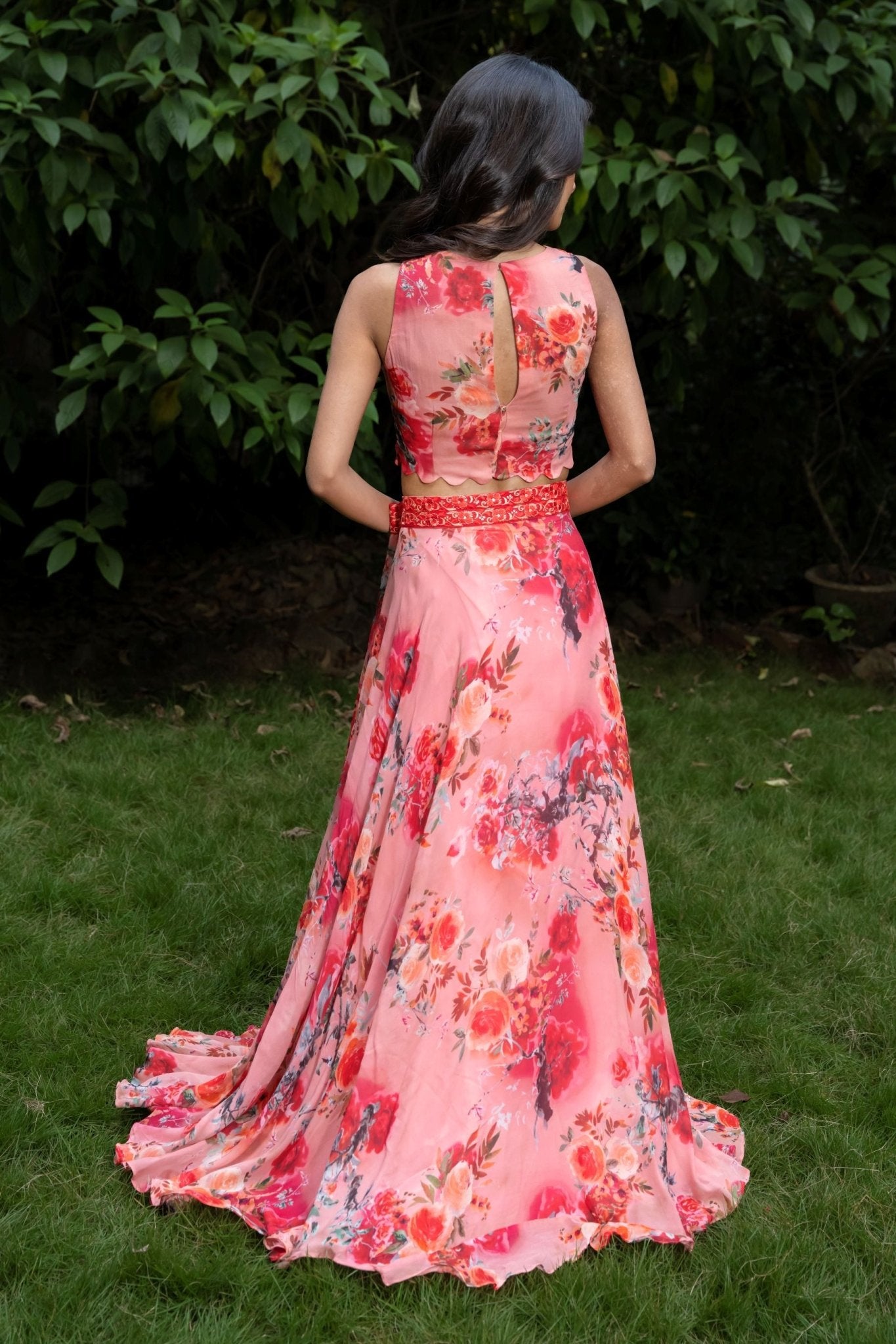 Peach Colour lehenga Set With Floral Prints - Anvi Couture
