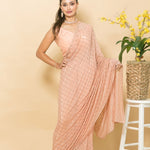 Peach Crepe Saree with Mukaish Embroidery and Small Pearl Design - Front
