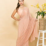 Peach Crepe Saree with Mukaish Embroidery and Small Pearl Design - Front
