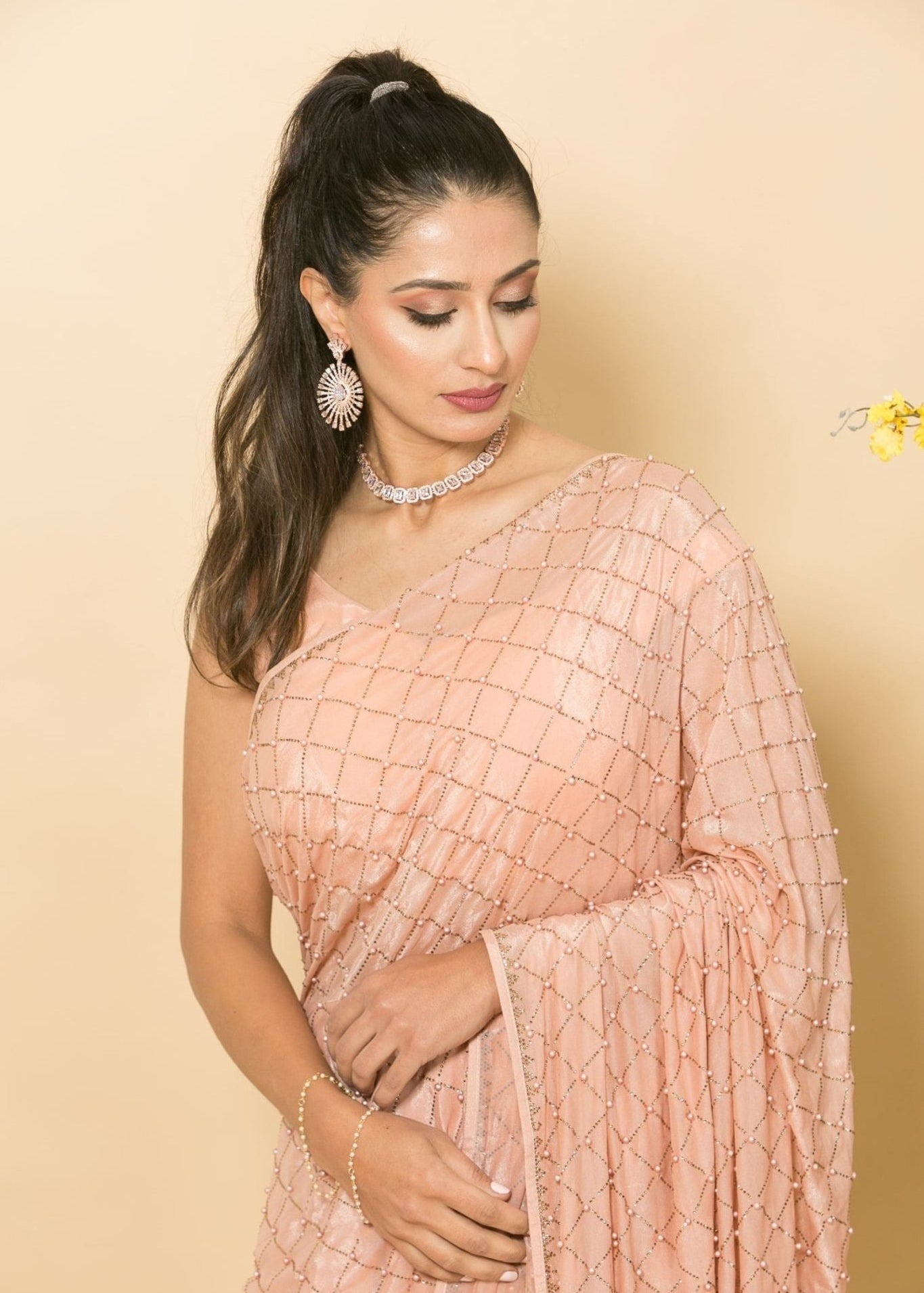 Peach Crepe Saree with Mukaish Embroidery and Small Pearl Design -Close
