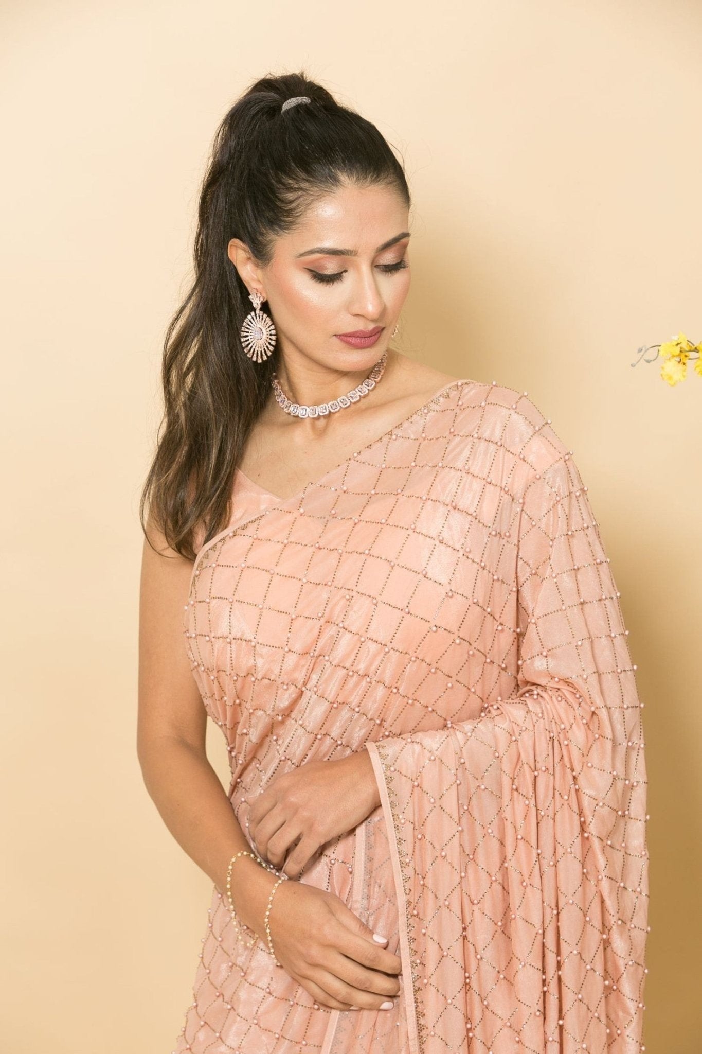 Peach Crepe Saree with Mukaish Embroidery and Small Pearl Design -Close

