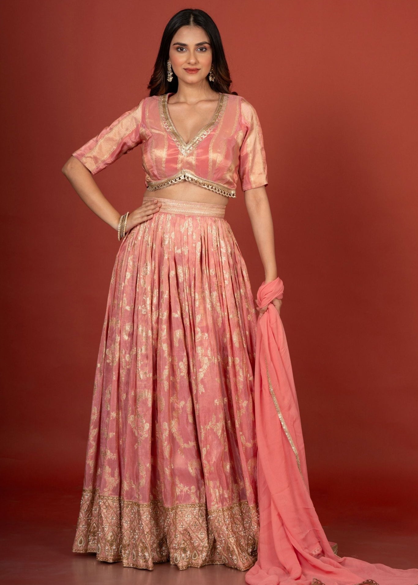 Peach Designer Banarasi Lehenga Set - Anvi Couture